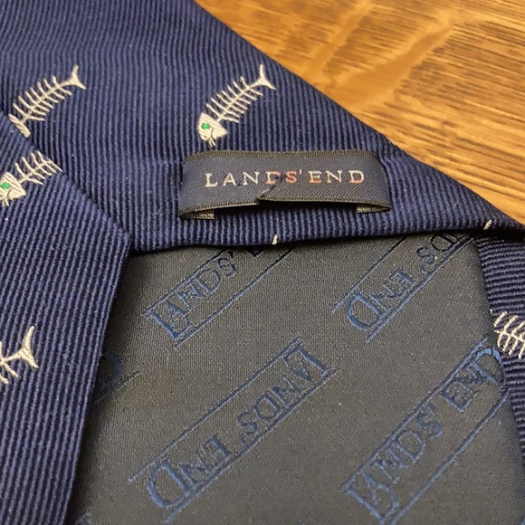Lands’ End Navy Blue Silk Necktie Fish Bones Skeletons - Picture 3 of 4